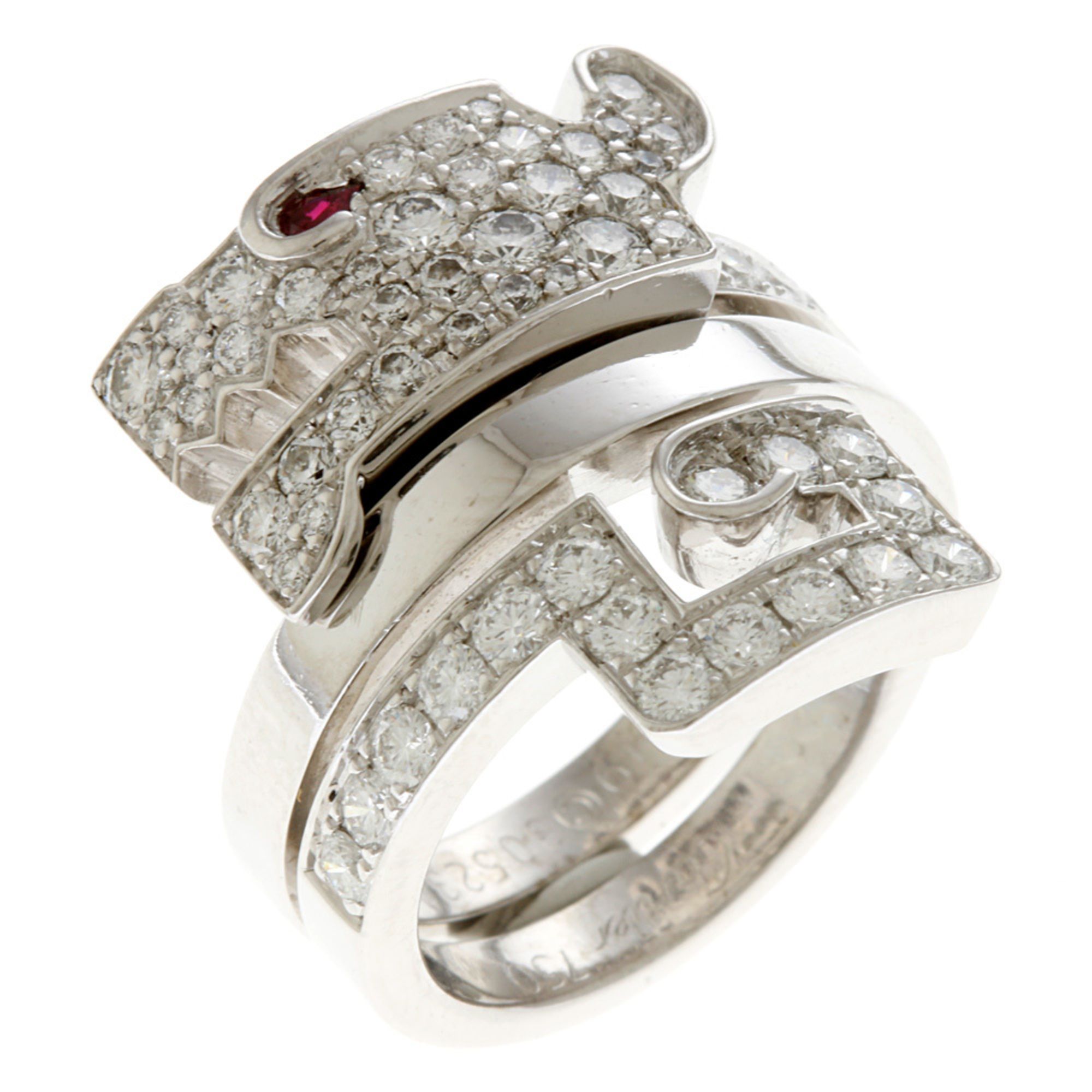 Cartier Le Béze du Dragon Ring, size 8.5, 18K white gold with ruby and diamonds, unisex design ring,