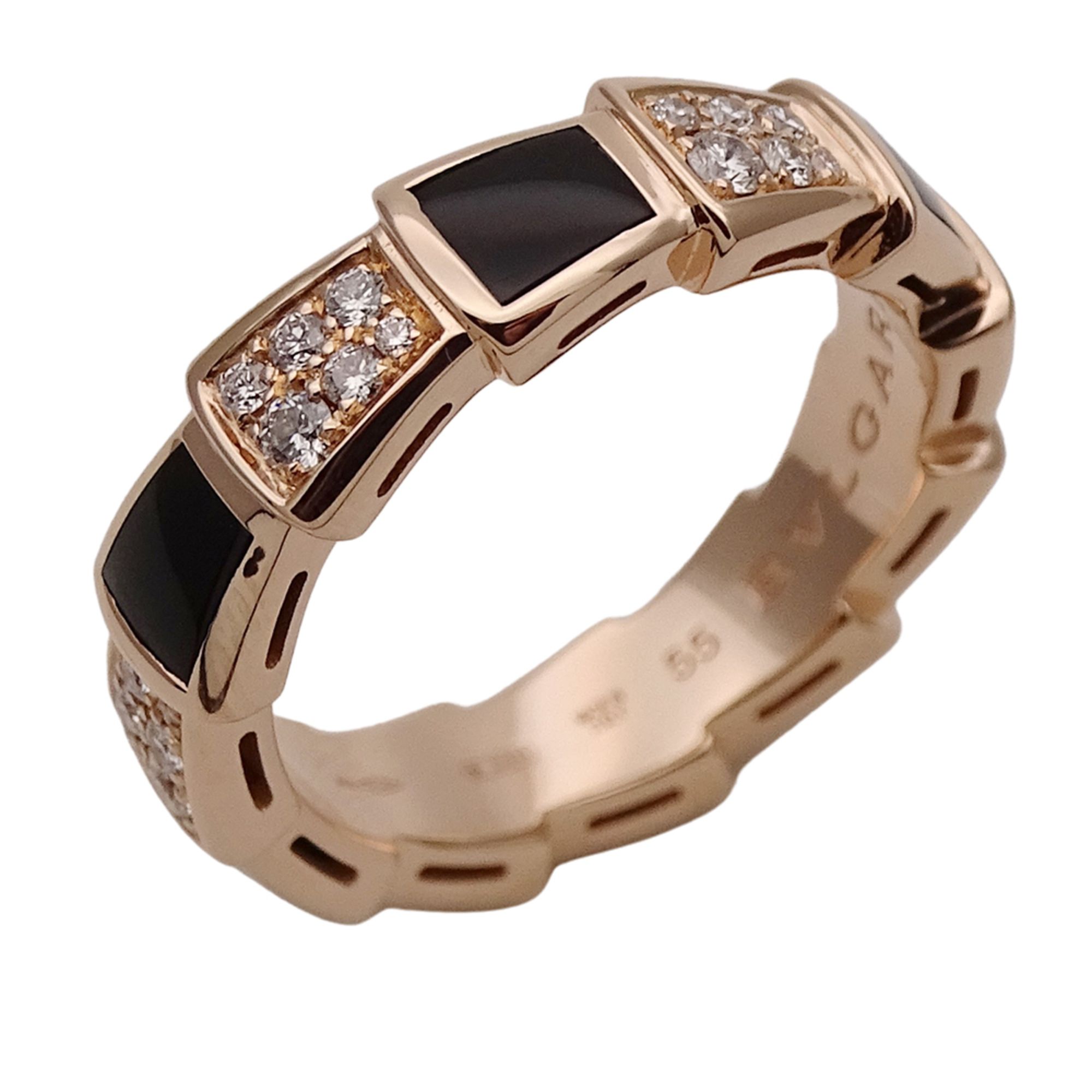 Bvlgari Serpenti Viper Ring for Women, 750PG Pink Gold, Onyx, Diamond, #55, Polished