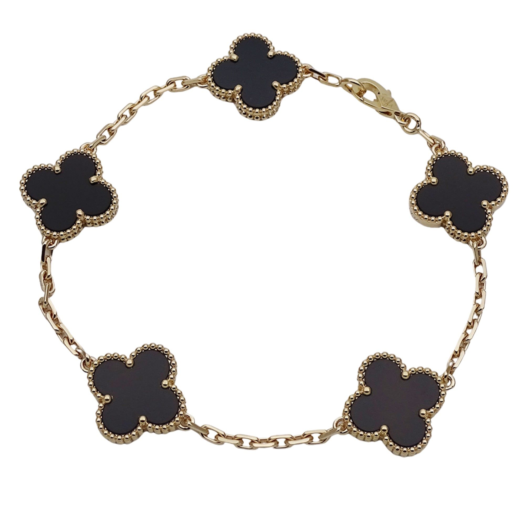 Van Cleef & Arpels Vintage Alhambra Bracelet for Women, 5 Motifs, 750YG Onyx and Yellow Gold, Polish