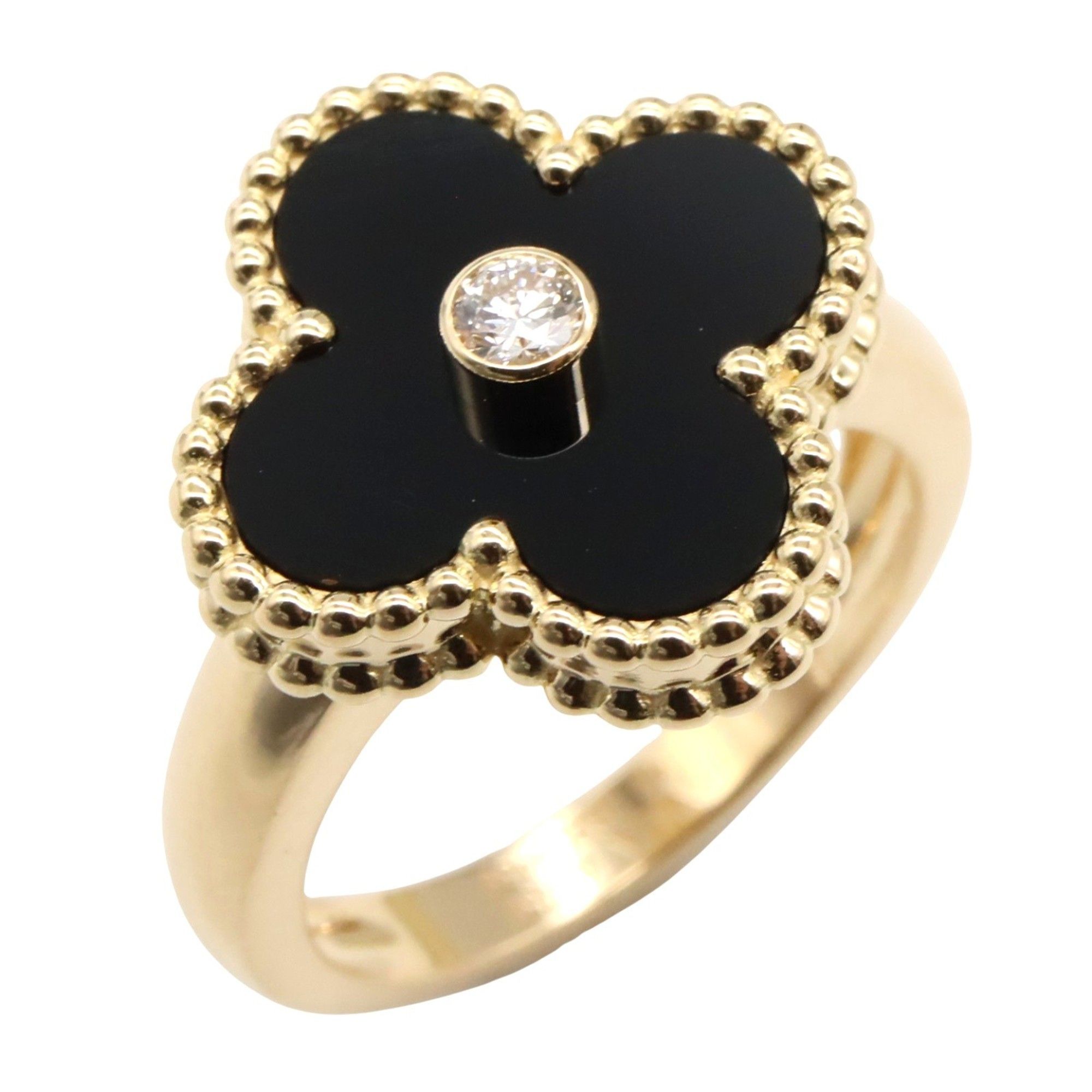 Van Cleef & Arpels Vintage Alhambra Ring, Onyx, 1PD, 18K Yellow Gold with Diamonds, Clear, Black, Wo
