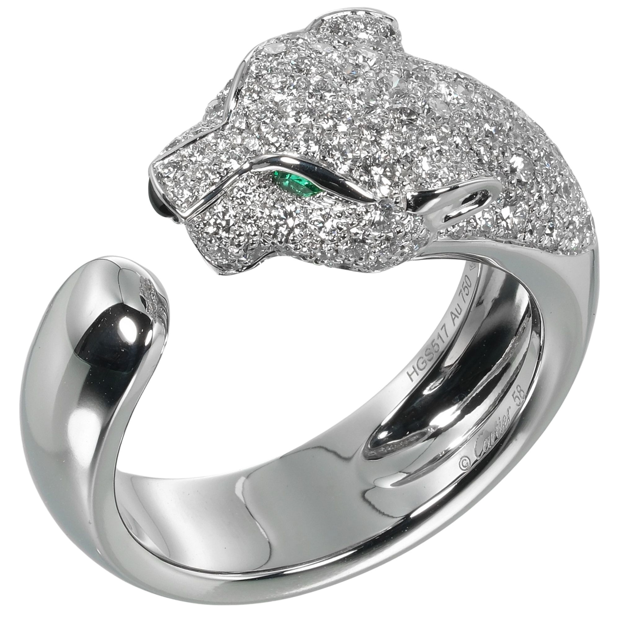 Cartier Panthère ring, size 18, 18K white gold with diamonds and emeralds, approximately 15.94g, for