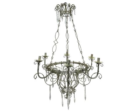 India Jane Interiors - six branch metal chandelier, the scrolled crown over circular bulbous body with six projecting branche