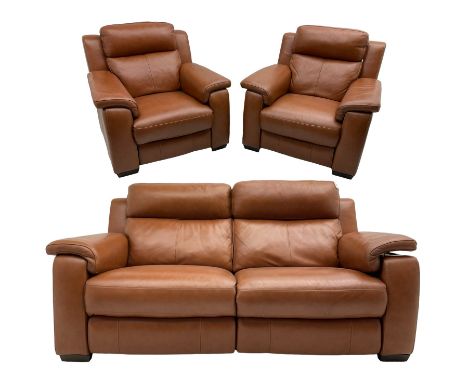 Two-seat electric reclining 'smart' sofa (W192cm, H99cm, D99cm);  two matching armchairs (W101cm); upholstered in stitched ta