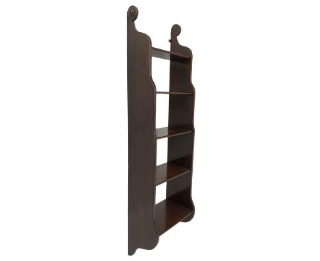 20th century walnut wall hanging shelf, shaped end supports with scrolled topsDimensions: Height:&nbsp;161cm&nbsp; Length/Wid