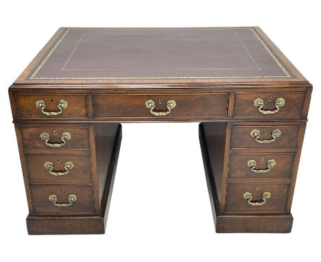 George III mahogany twin pedestal partner's desk, moulded rectangular caddy top with tooled leather inset, one side fitted wi