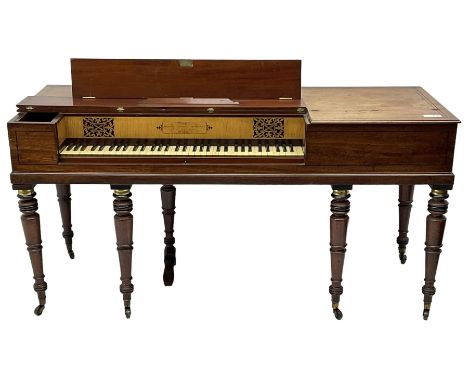 Goulding D'Almaine Potter & Co. London - Regency mahogany square piano, satinwood interior with fretwork, on collar turned su