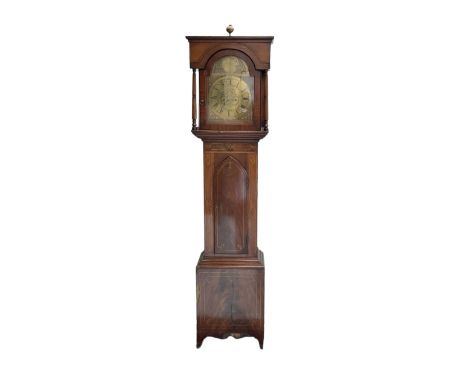 19th century - 8-day mahogany cased longcase clock with a flat top ring turned pilasters and brake arch hood door beneath, in