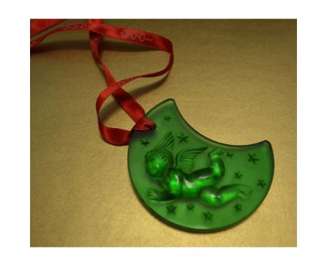 Lalique Crystal Holiday Cupid Green Ornament, 1999. Add a touch of elegance to your Christmas decor with this stunning Laliqu
