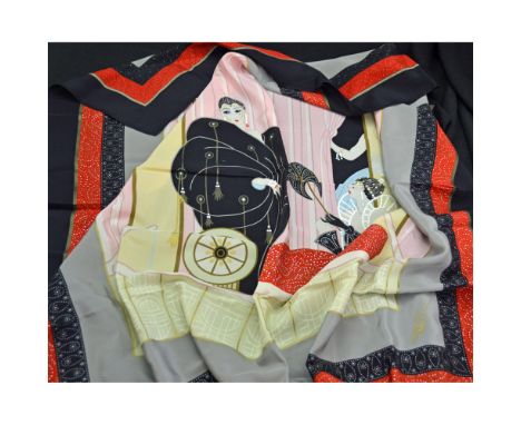 Erte' for Carry Back Ltd presents the Erte' Opera Box Scarf in 100% Silk. Multi-Colors of Ivory, Black, Pink and Gray featuri