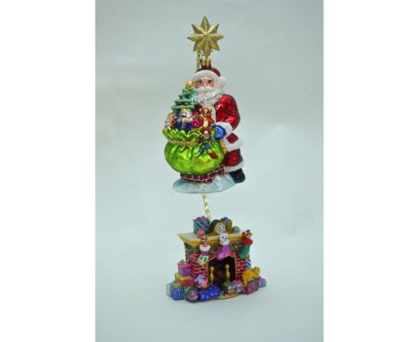 VGT 2 Pc Christopher Radko Festive Santa Holiday Ornament, featuring Santa going down the Chimney with Toys and Gifts, suspen