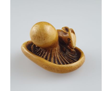 Katabori-Netsuke - Elfenbein, fein geschnitzt, eingefärbt, umgestülpter Matsutake-Pilz, auf den Lamellen hockt neben dem mark