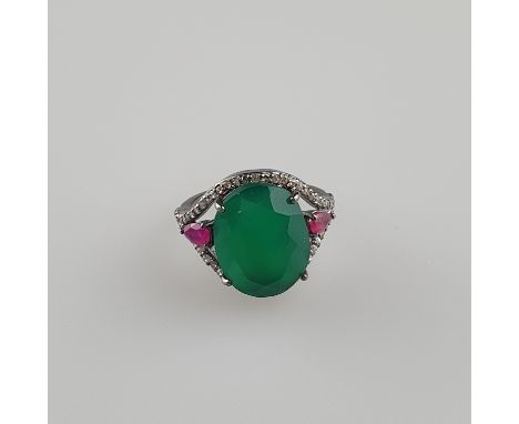 Onyx-Rubinring mit Diamanten - 925er Silber, Diamantenbesatz (zus.ca. 0,40 ct), Ringgröße 54, Gewicht ca.4,7gGreen Onyx ruby 