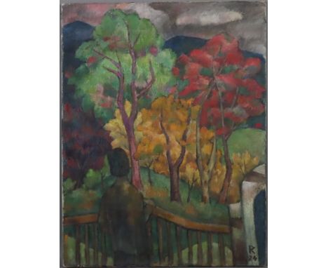 Monogrammist - Rückenfigur vor herbstlicher Landschaft, Öl auf Leinwand, rechts unten monogrammiert "K R(?)", ca.55,5x43cm, u