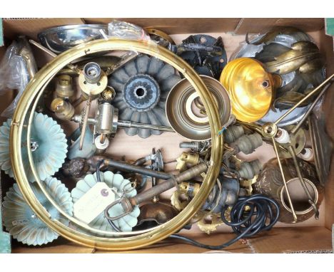 Ornate foliate scroll lamp section, H 23.4cm, bases, ceiling roses and other items (3 boxes) 