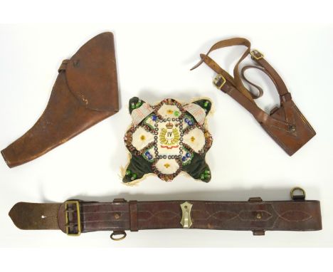 Sweetheart/Forget-Me-Not serpentine shaped cushion with bead decoration and script, W 17cm, WWI leather holster, leather belt