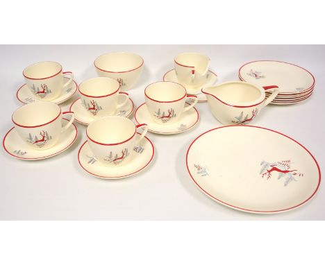 Crown Devon Stockholm pattern tea set with a prancing deer, comprising 5 cups, 5 saucers, 6 plates, bread and butter plate, m