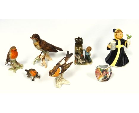 Three Goebel models of birds, larger thrush (a/f), girl with Hofbrauhaus stein and radish (a/f), tiny vase and various other 