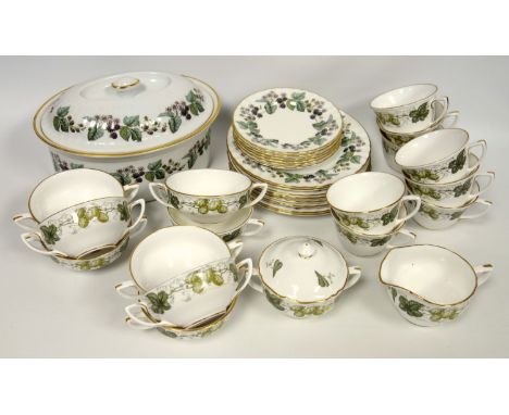 Royal Worcester bone china Wild Hop part dinner and tea service comprising 8 consommé cups and 8 saucers, 8 dinner plates, 6 