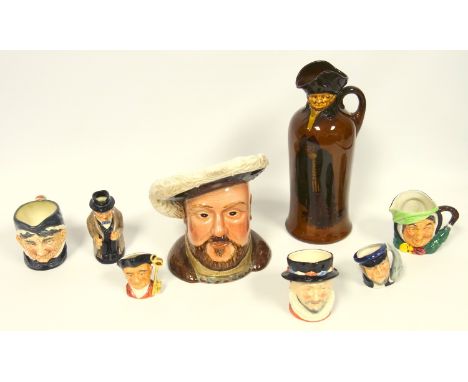 Royal Doulton Kingsware The Watchman figural head flask, H 25.5cm (stopper missing), Winston Churchill character jug, H 10.1c