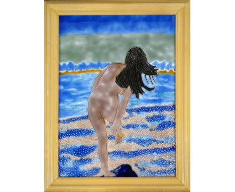 Ceramic glazed tube lined tile in a wooden frame, depicting a young woman, naked, disrobing and about to bathe in the sea, 38