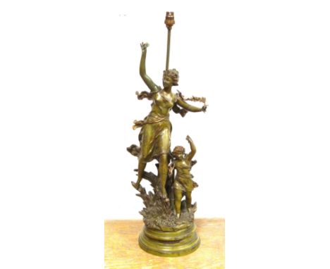 Late 19th century French spelter classical group of a woman with cherub ?Parure De La Terre?, adapted to a table lamp, H 73cm