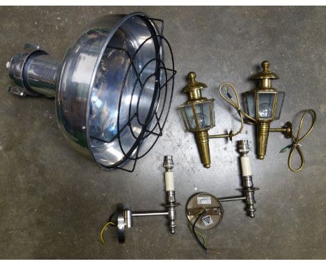 Pair of coaching style brass hexagonal wall lights, H 28cm, pair of silvered metal swing arm wall lights with simulated candl