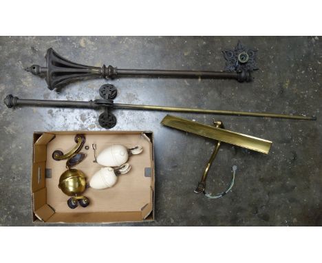 Two bronzed brass sections of a rise and fall light fitting, H 116cm the highest, with three pulley weights, ceiling rose, fo