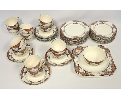 Crown Ducal Orange Tree pattern tea set comprising 12 cups, 12 saucers, 12 plates, D 18cm, 12 plates, D 16.3cm, sugar bowl an