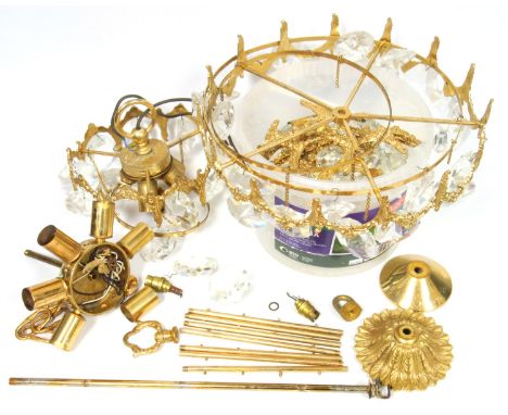 Brass circular part ceiling light fitting with swags bulb holders and prismatic drops, D. 38cm, and three smaller fittings wi