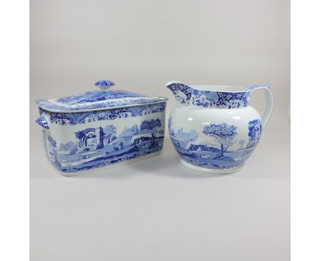 A Spode Italian pattern bread crock, together with a large matching pitcher, 24cm tall