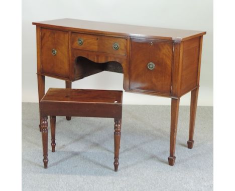 A reproduction mahogany bow front sideboard, 122cm, together with a 19th century stool and a tripod table