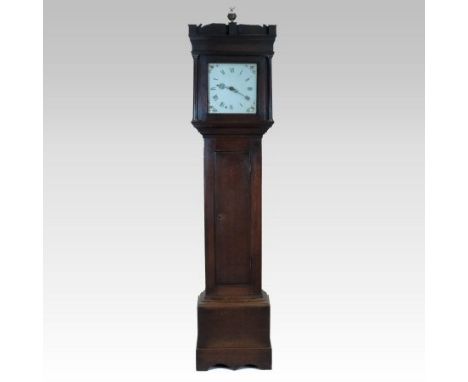 A late George III oak cased longcase clock, with a painted dial, the thirty hour movement striking on a bell, 198cm tall