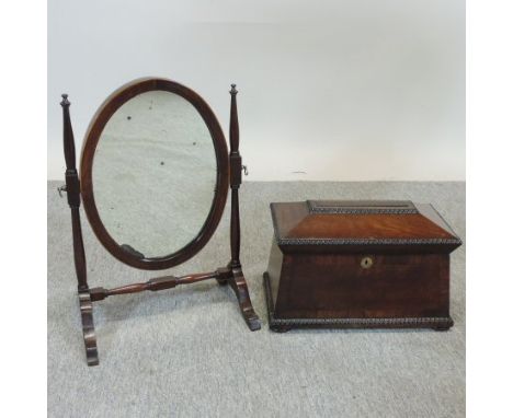 A late Regency mahogany and rosewood tea caddy, of large proportions, together with a 19th century toiletry mirror, 36cm