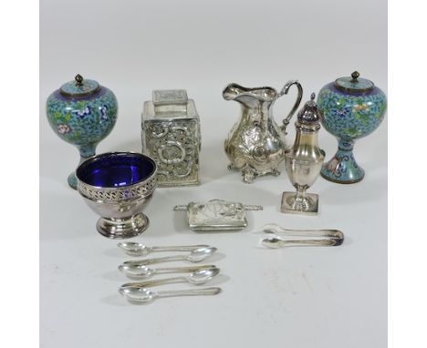 An early 20th century silver purse, together with a silver plated tea caddy and other items and a pair of cloisonne vases and