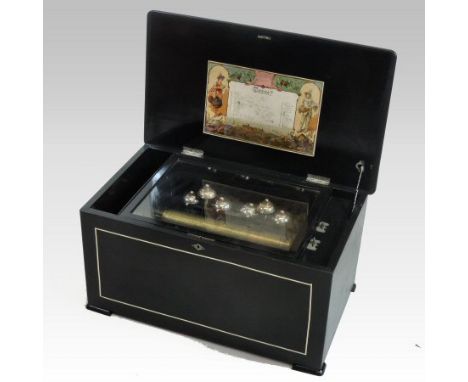 A 19th century Swiss musical box, playing twelve airs in an inlaid and ebonised case, no, 4236, 65cm