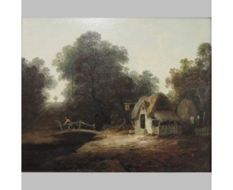 Attributed to J. B. Crome, 1794-1842, cottage landscape, oil on panel, with receipt from John Alps Antiques, dated 1967, 25 x