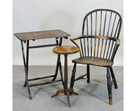 A folding games table, 61cm together with a tripod table and a Windsor chair
