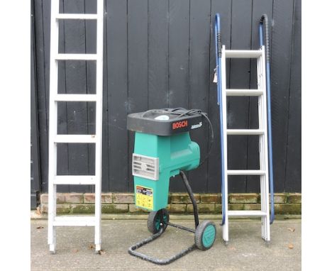 A folding ladder, together with a garden shredder and a long ladder, 306cm closed