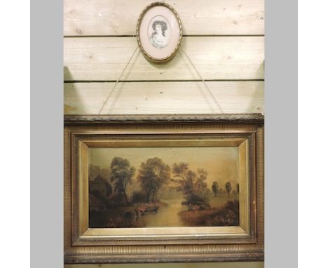 Westall, 19th century, landscape, oil on canvas, signed and dated 1896, 24 x 44cm, together with a portrait miniature and two