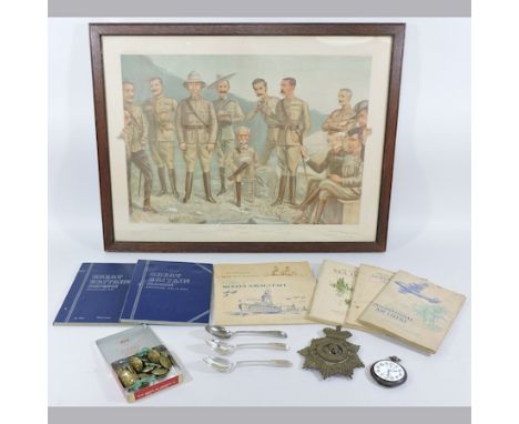 A collection of military items, to include buttons, a pocket watch, silver spoons, cigarette cards, together with a Vanity Fa