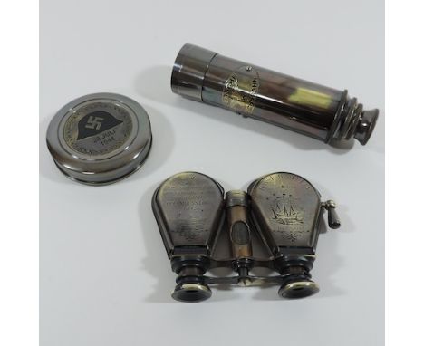 A reproduction brass telescope, together with a compass and binoculars, 12cm