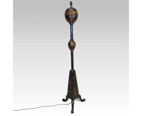 An early 20th century Chinese black lacquer and polychrome decorated standard lamp, finely decorated with figures, animals, t