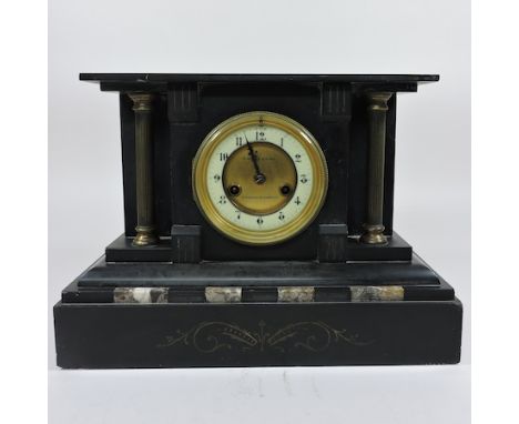 A Victorian black slate mantel clock, signed Newmarket and Cambridge, 25cm tall, together with an oak cased wall clock