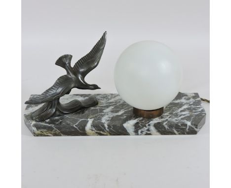 An Art Deco table lamp, with an opaque glass shade, on a marble base, 36cm