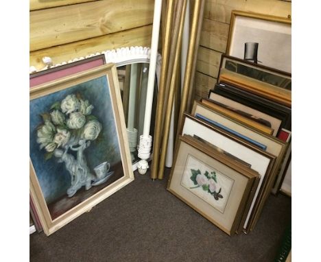 A white painted over mantel mirror, 74 x 13cm, together with another and a collection of pictures and prints