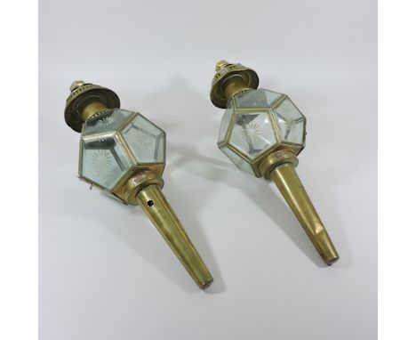 A pair of early 20th century brass coaching lamps, stamped Lime House Lamp Co., 55cm tall