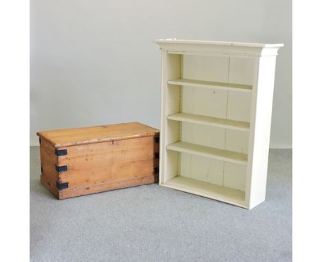 A pine trunk, together with a painted dwarf open bookcase, 90cm