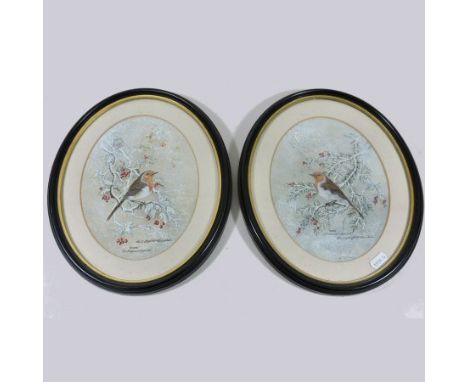 Christopher Scales, 20th century, Winter scene with a robin, signed gouache on paper, oval, a pair, 23 x 17cm