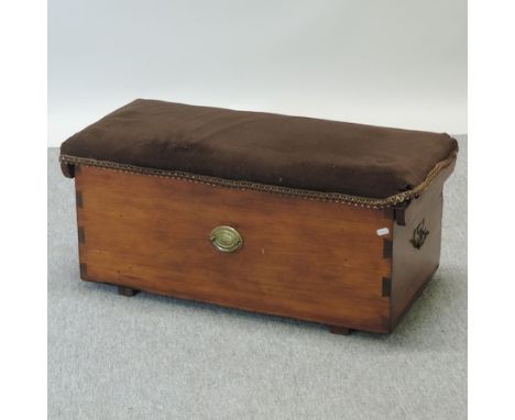 A small Victorian pine and brown upholstered trunk, 80cm
