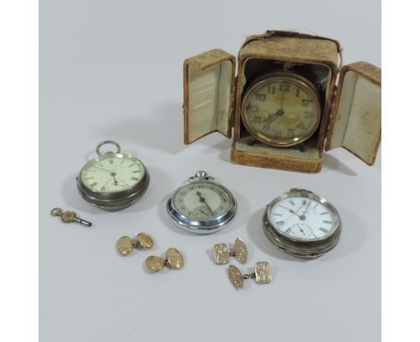 A French brass alarm clock, the dial signed DEP, in a fitted case, together with two silver pocket watches, a plated watch an